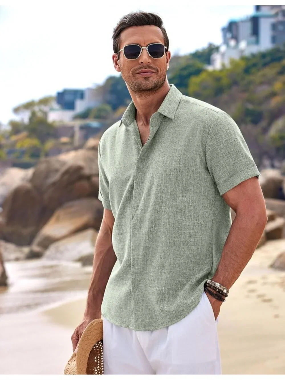 Men's Light Green Beach Linen Short Sleeve Casual Wedding Shirts Button Down